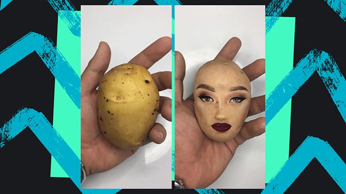 Left a hand holding a raw potato. Right a hand holding a potato with a full face of make up, eyeshadow and dark lipstick
