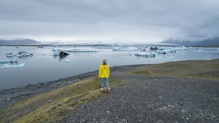 A woman stands in front of melting ice fields