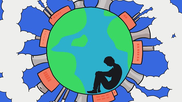 An illustration a person sat holding their knees in front of the Earth circled by polluting factories