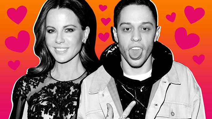 A photo collage of celebrities Kate Beckinsale and Pete Davidson surrounded by hearts