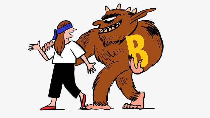 An illustration of a hairy monster with an arm round a blindfolded woman