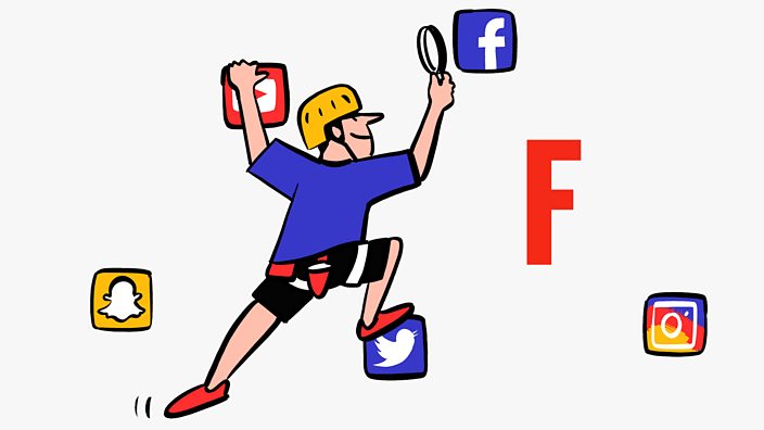An illustration of a person rock climbing without any ropes towards a social media icon and inspecting it with a magnifying glass