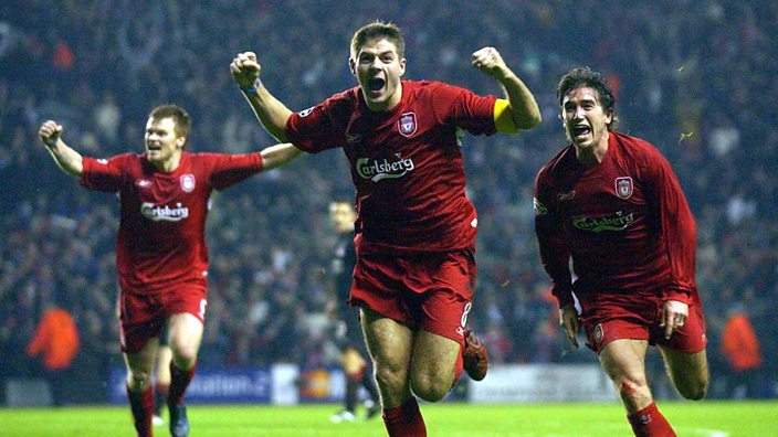 Gerrard celebrates his winner against Olympiakos