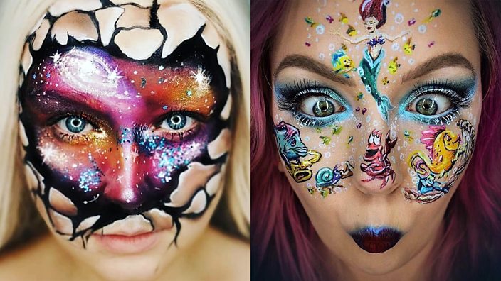 Two faces transformed by Glow Up inspired make up art