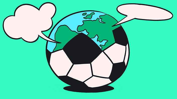 Half football, half planet earth with speech bubbles coming from countries