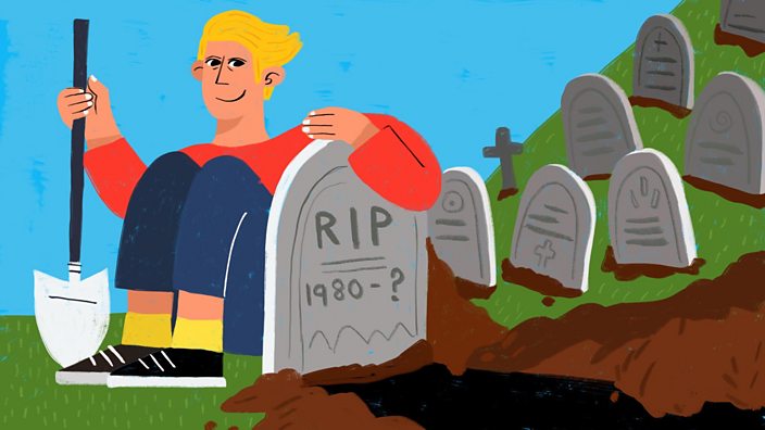 An illustration of a man crouched next to his own headstone having 
