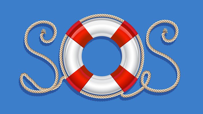 A life belt and rope spelling SOS on a blue background