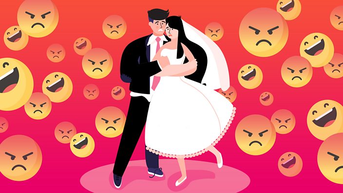 An illustration of a newly wed couple looking worried, surrounded by laughing and angry emoji icons