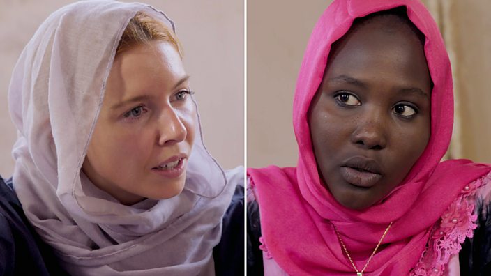A split screen of Stacey Dooley and Falmata, a young Nigerian woman who was coerced into becoming a suicide bomber