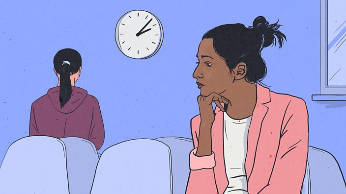 An illustration of two women in a doctors waiting room