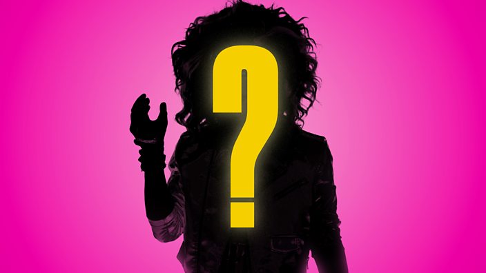 A large yellow question mark covers a drag queen silhouette on a pink background