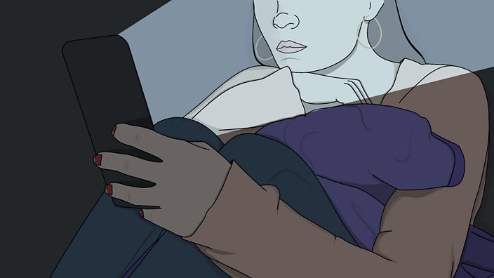Illustration of a young woman looking at her phone screen