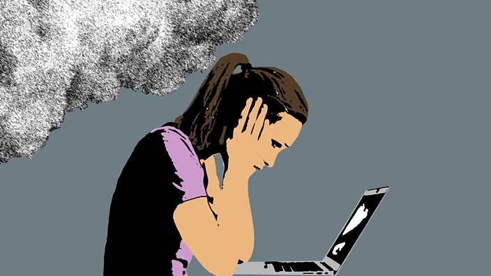 graphic of a young woman holding her head with a laptop and cloud