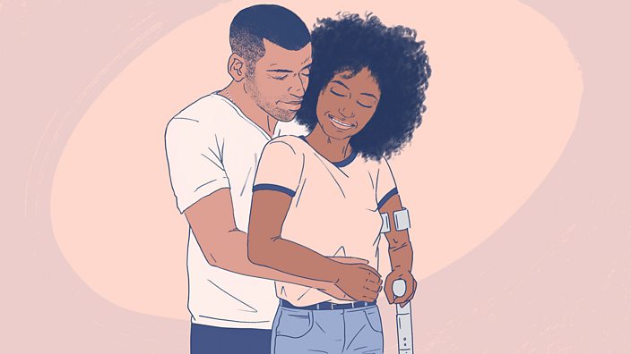 Illustration of a cuddling couple with one of the couple leaning on a crutch