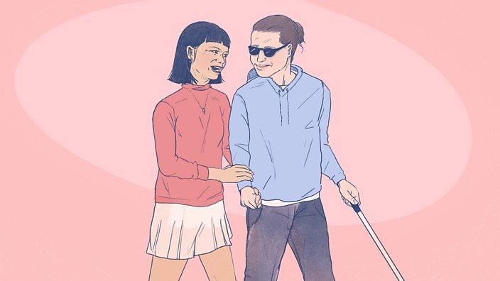 Illustration of a couple, with one of the couple using a cane and wearing dark glasses