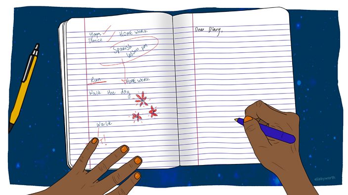 An illustration of hands writing in an diary