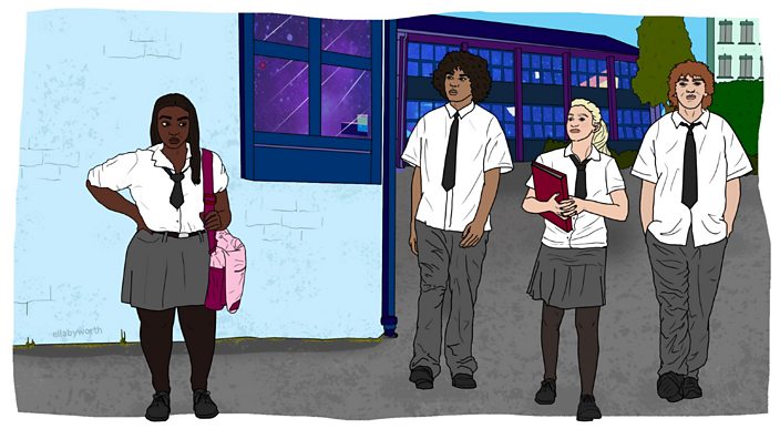 An illustrations of a group of kids in school uniform outside a school.
