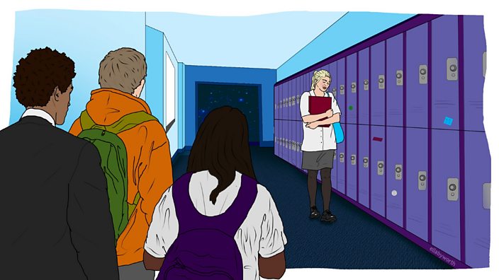 An illustration of a girl standing alone next to some school lockers, while three other students look at her with their backs turned.