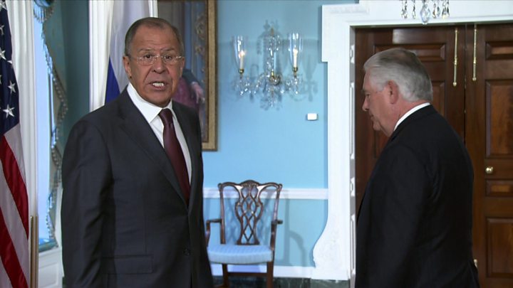 Media captionLavrov jokes about the firing of Comey