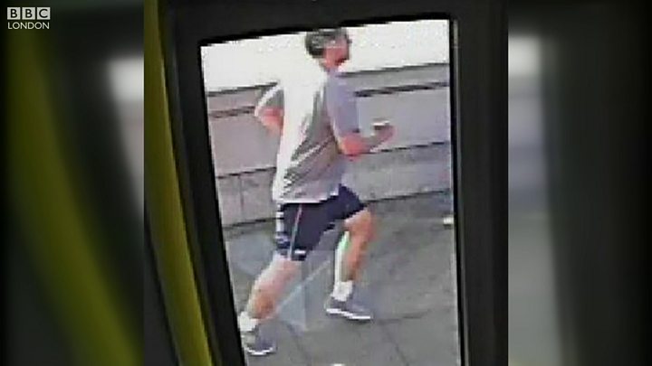 CCTV footage of a jogger who appeared to push a woman in front of a bus