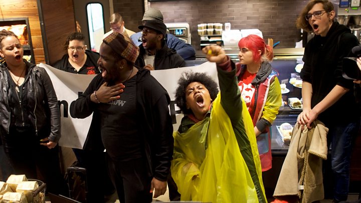 Media captionWatch the arrest of two black men at Starbucks - and the protests that followed