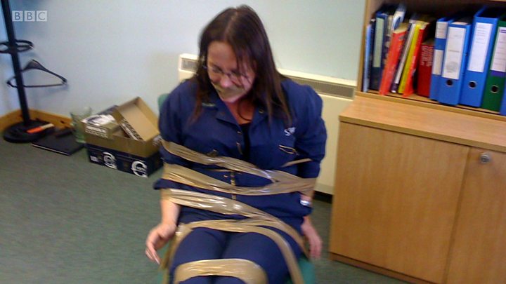 Image result for woman taped to chair scotland office