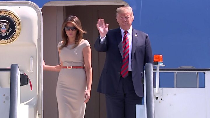 Media captionUS President Donald Trump arrived at Stansted Airport for a two-day working visit