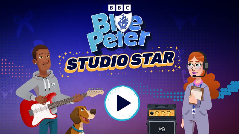 An aspiring musician and their dog playing guitar to Blue Peter presenters