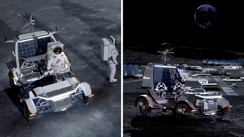Left, a mockup of an astronaut on a space rover. Right, the rover before a moon base.