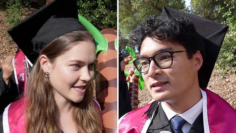 Split screen showing a woman and man wearing graduation caps and sashes.