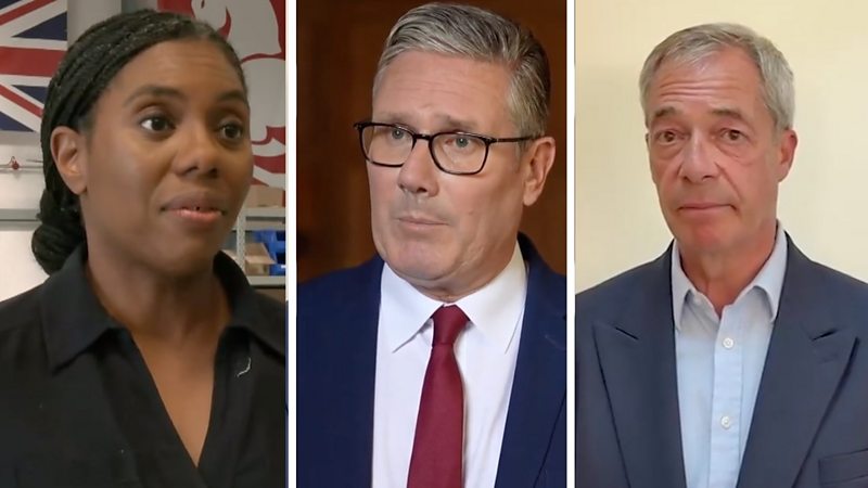 Starmer, Badenoch and Farage in three separate photos put togethor.