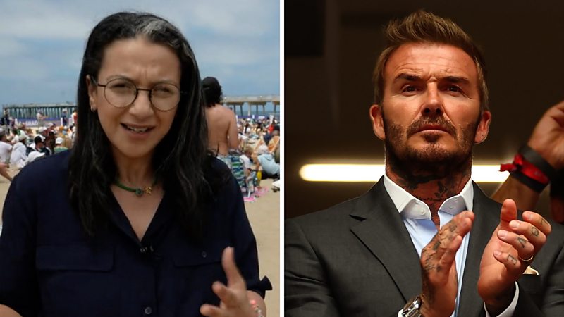 On the left, a woman in a black shirt; on the right, a man in a grey suit.