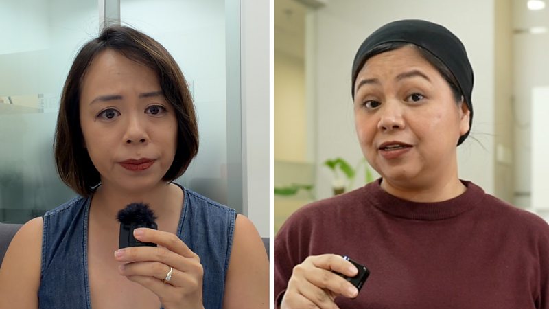 Split screen of BBC reporters Tessa Wong and Astudestra Ajengrastri in offices