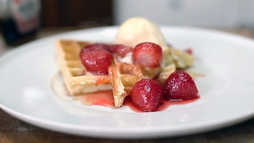 Waffles With Strawberry Compote And Ice Cream Recipe c Food