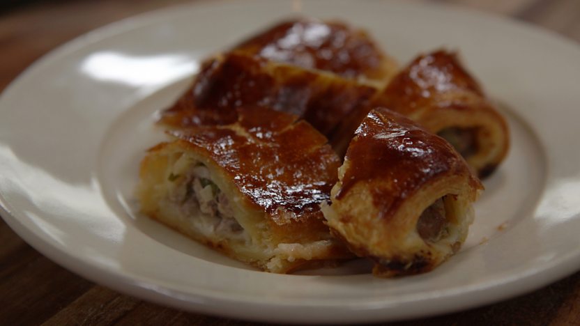 Homemade puff-pastry and wild boar sausage rolls