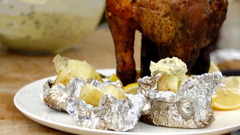 Beer can chicken with garlic butter jacket potatoes