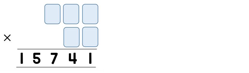 A two-row stacked sum equalling 15,741 with three blank spaces on the top row and two blank spaces on the bottom row, which are multiplied together.