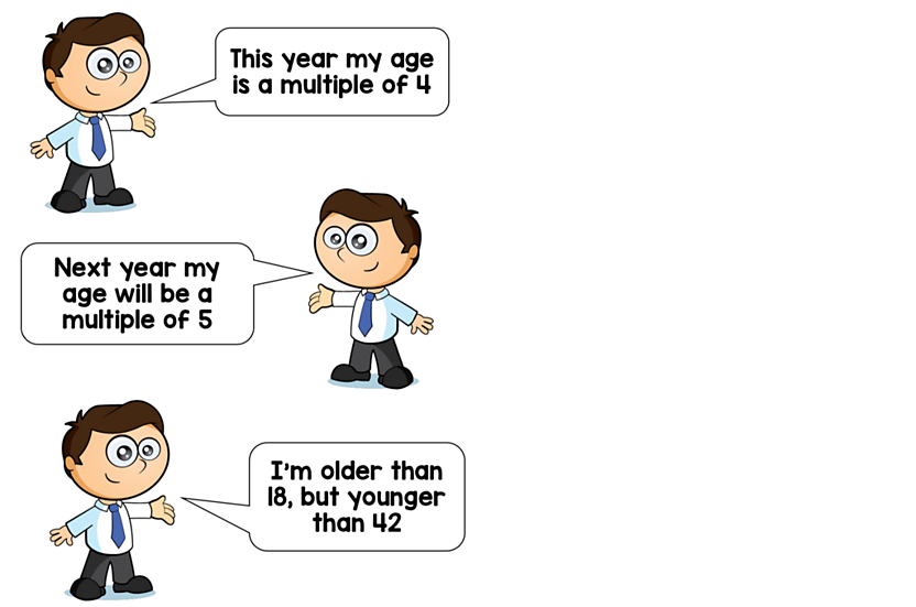 A teacher has three clues to determine his age; Clue 1 - This year my age is a multiple of 4; Clue 2 - Next year my age will be a multiple of 5; Clue 3 - I'm older than 18 but younger than 42.