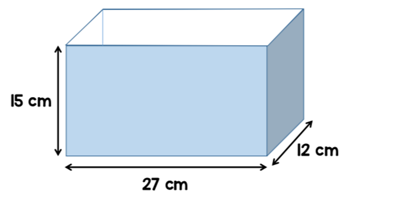 A box with the dimensions 15 cm tall, 27 cm wide and 12 cm deep.