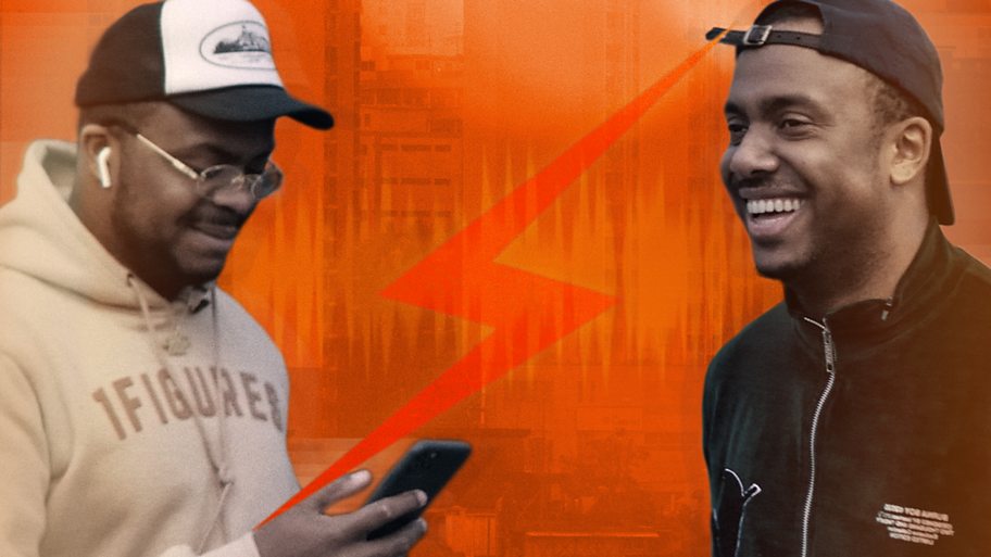 Two DJs on a stylised background