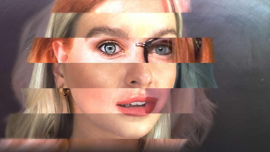 A stylised image of a young woman's face with certain facial elements overlaid by someone else's features