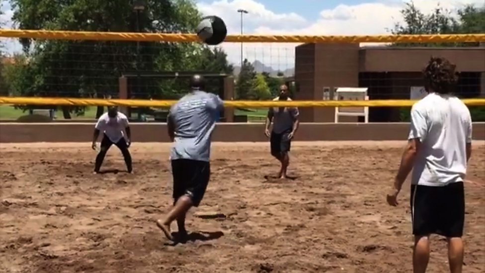 NFL Pittsburgh Steelers' stars play 'volleyball' with a medicine ball