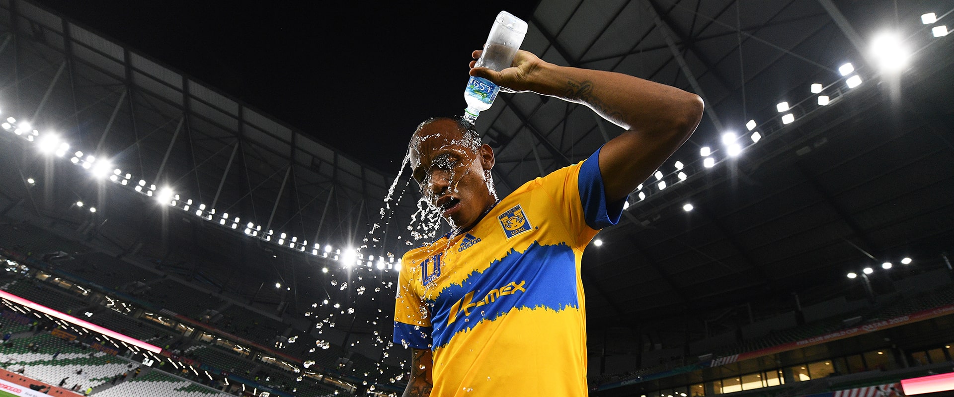 Luis Quinones of Tigres UANL pours water on himself during the Fifa Club World Cup semi-final at the Qatar Education City Stadium in February 2021 in Doha.