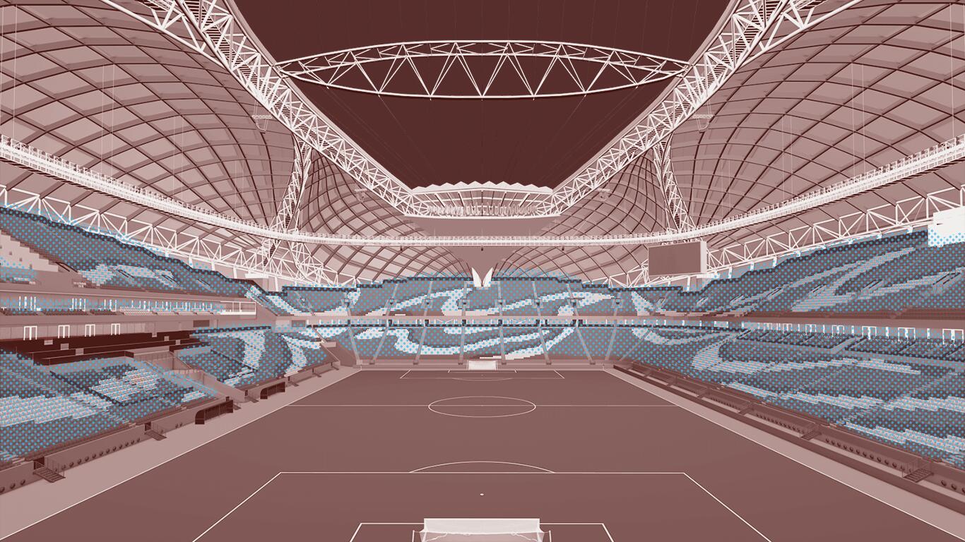 View of di interior of di Al Janoub Stadium wey show di pitch and highlight di cool air for di spectator area in blue shade 