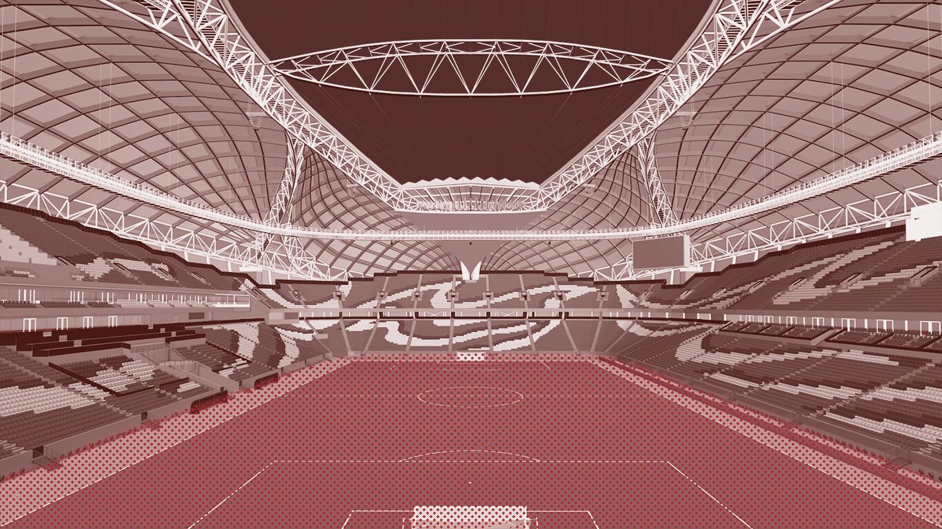 A graphic image showing the inside of the Al Janoub Stadium in Qatar with the pitch and stands coloured in red to indicate heat.