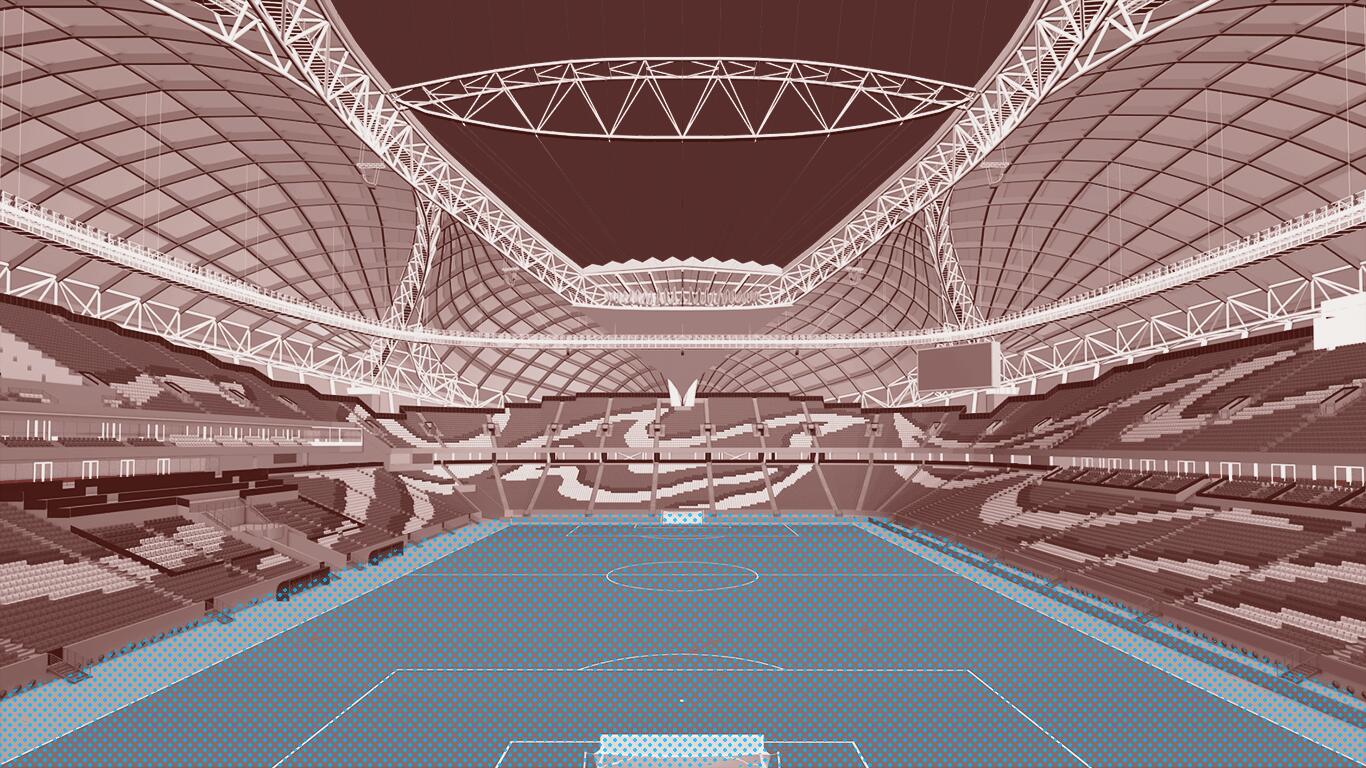 Imagen gráfica que muestra el interior del Estadio Al Yanub en Qatar y marca la cancha en azul para indicar frescura