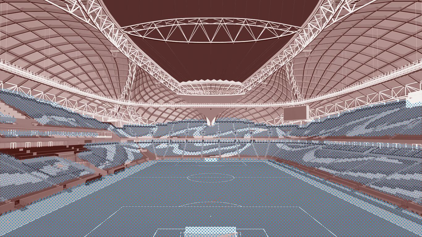Imagen gráfica que muestra el interior del Estadio Al Yanub en Qatar y marca la cancha y las gradas en azul para indicar frescura