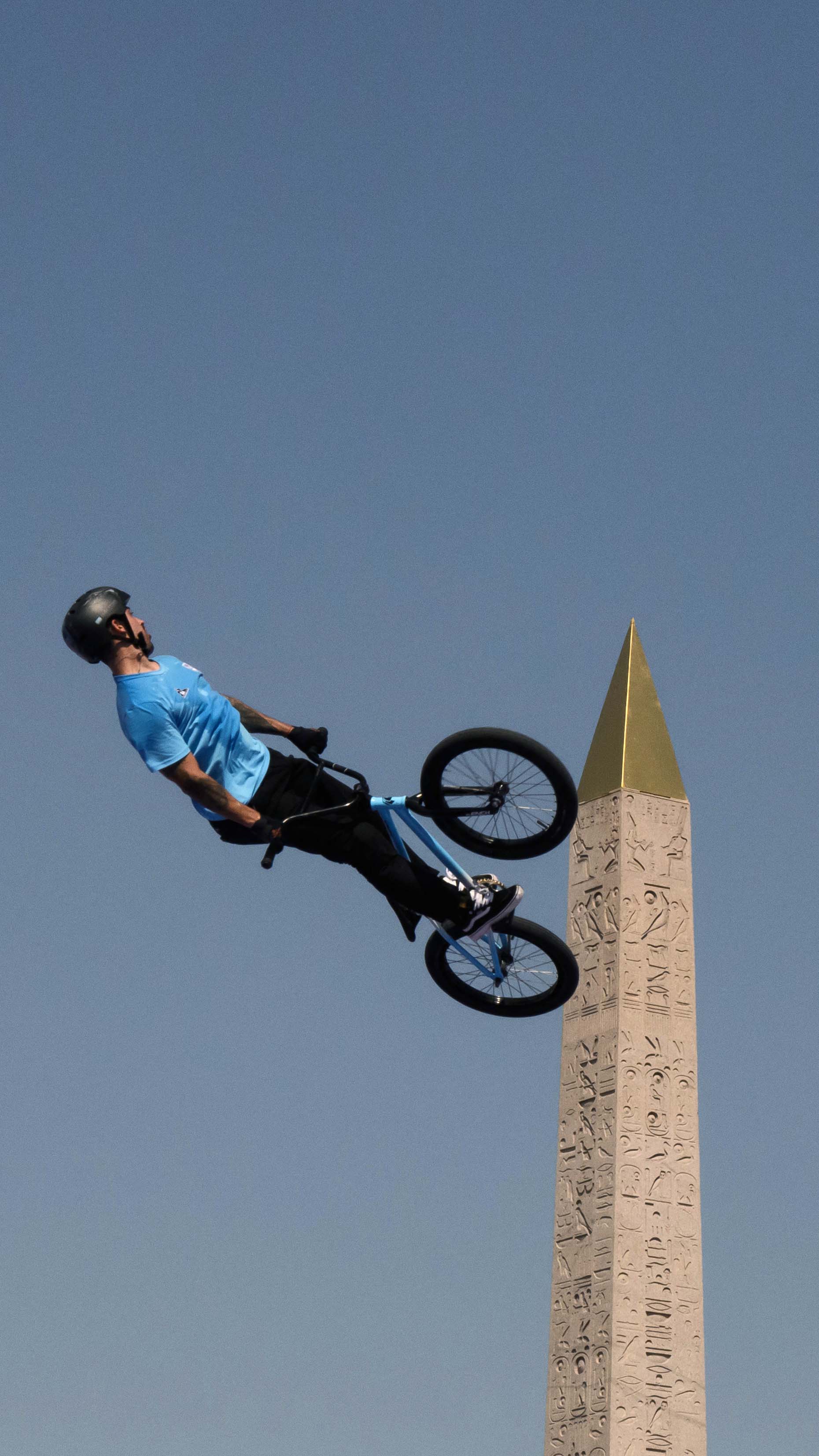 Argentina's Jose Torres Gil takes part in a BMX freestyle training session at La Concorde in Paris