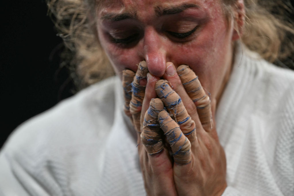 Serbia's Marica Perisic reacts after losing her judo bout