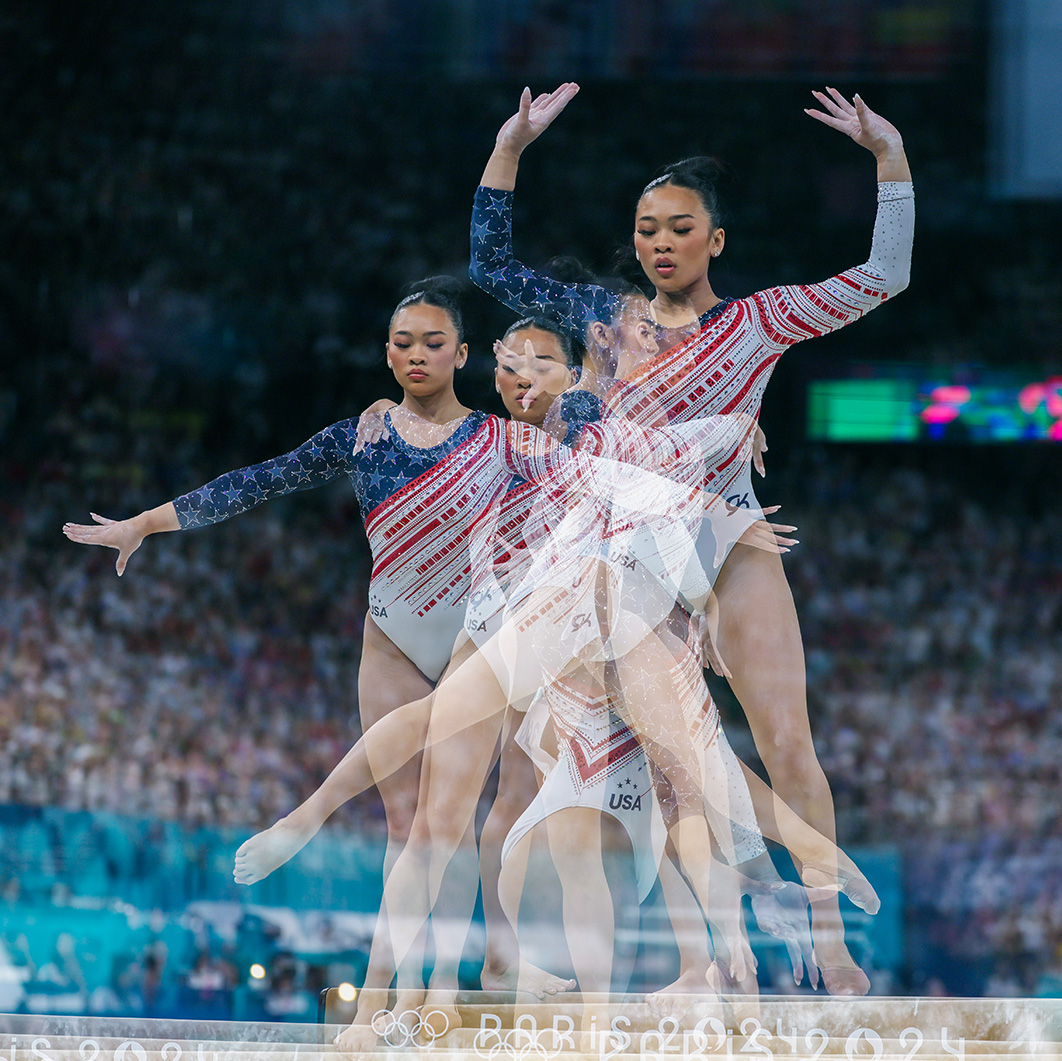 long exposure photo shows Sunisa Lee of USA in the Artistic Gymnastics Women's Team Final